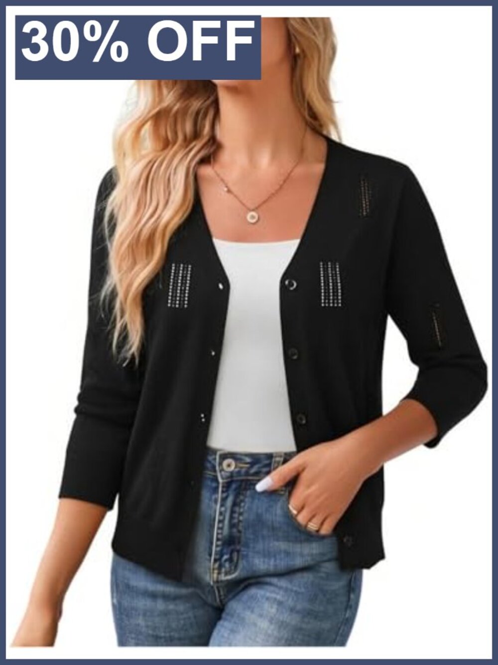 Women 3/4 Sleeve Lightweight Open Front Cardigan Sweater V-Neck Button Up